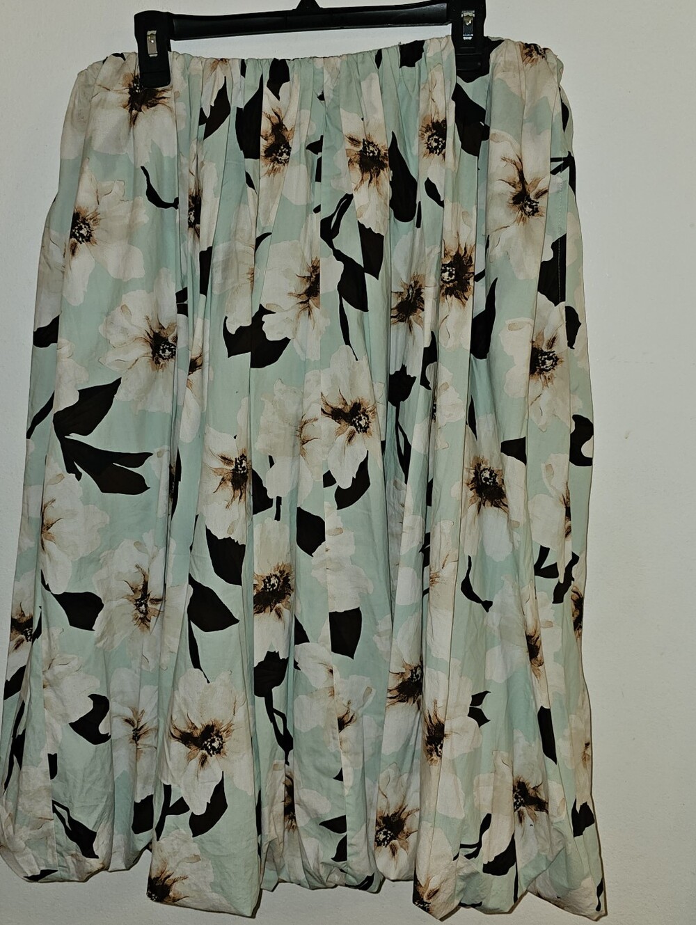 Floral Midi Ballon Skirt - Light Green w/Cream, Brown & Black Floral Print